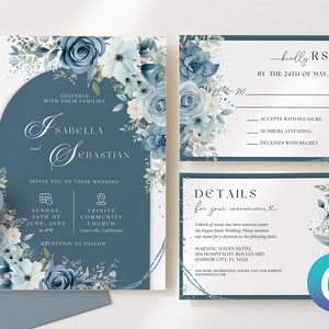 Pode incluir: Um conjunto de convites de casamento floral azul e branco com um fundo azul. O convite inclui os nomes "Isabella e Sebastian", a data "Domingo, 24 de junho de 20XX", a hora "16:00" e o local "Trinity Community Church, Graceville, Califórnia". O cartão RSVP inclui o texto "Por favor, responda até 24 de maio de 20XX" e tem espaços para o convidado indicar se aceitará com prazer, recusará com pesar ou o número de pessoas que irão comparecer. O cartão de detalhes inclui o texto "Detalhes para sua conveniência" e fornece informações sobre um bloco de quartos reservado no Majestic Haven Hotel.