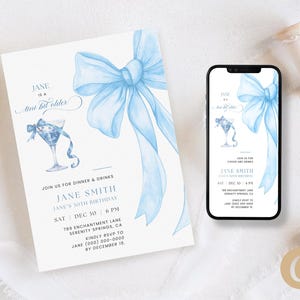Blaue Schleife zum 30. Geburtstag Einladung Mädchen Jungen, 30 Jahre alte blaue Coquette Schleife Antwortkarte Digitaler Download für Sie, bearbeitbare Canva Vorlage BP0096