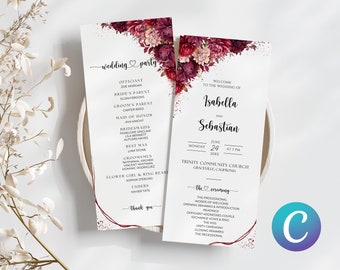 May include: Wedding ceremony program with burgundy floral design. The program includes the officiant, bridal party, and ceremony details. The text reads "wedding party", "Welcome to the wedding of Isabella and Sebastian", "June 24, 20XX at 3 PM", "Trinity Community Church, Graceville, California", and "the ceremony".