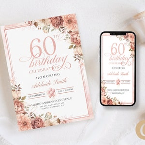 60e Rose Gold Floral Birthday Party uitnodiging Canva sjabloon voor moeder oma, elegante 60 jaar geliefde diamant mobiele uitnodiging BP0049