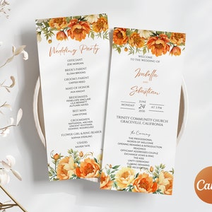 May include: Wedding ceremony program with floral design featuring orange and yellow flowers. The program includes the names Isabella and Sebastian, the date June 24, 2030, and the time 3 PM. The ceremony will be held at Trinity Community Church in Graceville, California.
