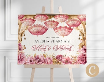 Mehndi Welcome Sign Pink Gold Editable Canva Template for Indian Wedding, Haldi Welcome Poster, Umbrella Mehndi Decor and Haldi Decor IP0003
