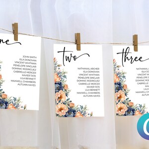 May include: Three white cards with floral designs and black calligraphy. The cards are labeled "one", "two", and "three". Each card lists a set of names.