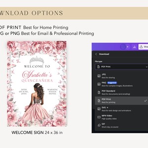 May include: A printable welcome sign for a Quincea&ntilde;era celebration. The sign features a pink and white floral design with butterflies and a crown. The text on the sign reads "Welcome to Isabella's Quincea&ntilde;era" with the date "30th of June, 20XX" and the location "Majestic Haven Hotel". The sign is 24 inches by 36 inches.