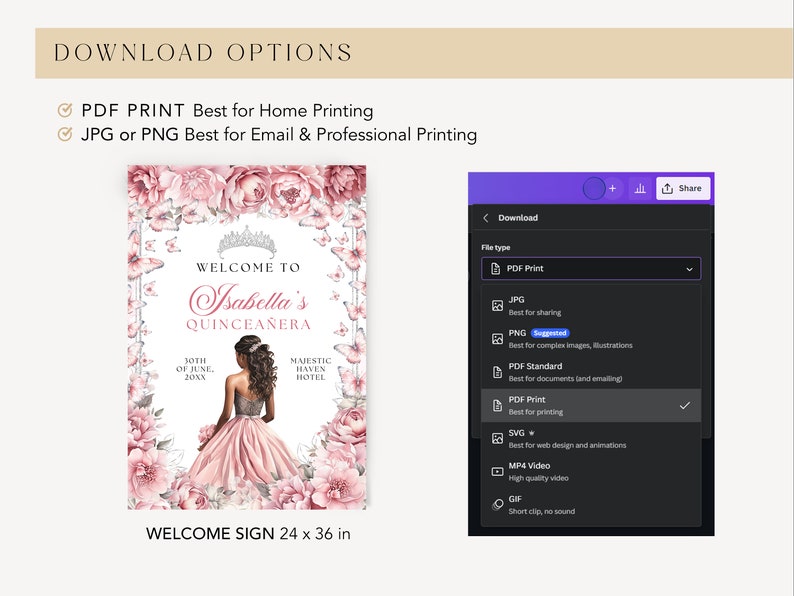 May include: A printable welcome sign for a Quincea&ntilde;era celebration. The sign features a pink and white floral design with butterflies and a crown. The text on the sign reads "Welcome to Isabella's Quincea&ntilde;era" with the date "30th of June, 20XX" and the location "Majestic Haven Hotel". The sign is 24 inches by 36 inches.