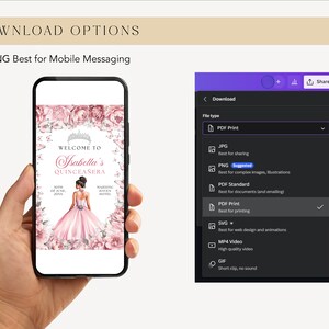 May include: A digital download option for a Quincea&ntilde;era invitation. The invitation features a pink and white floral design with a crown and the text "Welcome to Isabella's Quincea&ntilde;era".