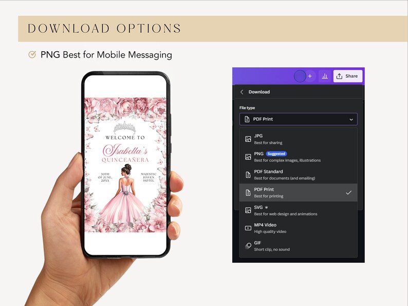 May include: A digital download option for a Quincea&ntilde;era invitation. The invitation features a pink and white floral design with a crown and the text "Welcome to Isabella's Quincea&ntilde;era".