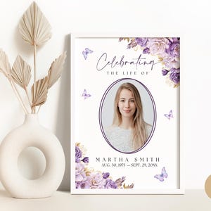 Purple Floral Butterfly Funeral Welcome Sign for Woman Canva Template, Simple Celebration of Life Memorial Service Poster FS0001