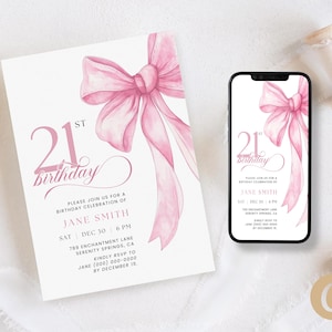 Roze strik 21e verjaardagsuitnodiging meisjes, 21-jarige roze coquette Bow RSVP digitale download voor haar, bewerkbare canva-sjabloon BP0084