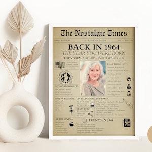 Editable 60th Birthday Newspaper Poster Canva Template, 60 Diamond Jubilee Birthday Gift for Him Her, 60th Birthday Decoration, Back in 1964