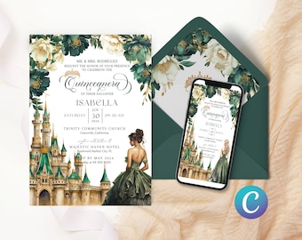 May include: A green and gold invitation for a Quinceañera, featuring a fairytale castle and a young woman in a green gown. The invitation includes the name "Isabella" and the date "June 30, 2024".