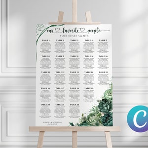 Emerald Moss Green Hochzeit Sitzplan Vorlage für Canva, Floral Sitzplan Hochzeit, Eleganter Sitzplan, Bearbeitbarer Sitzplan