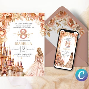 Invitation au thème du conte de fées magique, modèle d’anniversaire du château de princesse, invitation au diadème de fille en or rose, élégant enchanteur fantaisiste imprimable