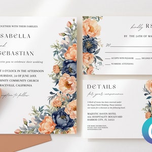 Pfirsich & Marineblau Blumen Hochzeit Einladung Canva Vorlage, Sofortiger Download Digital, Einladungsreihe, Elegante Minimalistische Pfingstrosen Invite