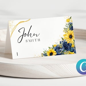 Biglietto da visita per tavolo da matrimonio giallo senape blu navy, modello di tela floreale di peonie di girasole, set di acquerelli semplice e moderno minimalista ed elegante