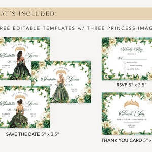 Emerald Green Gold Floral Butterfly Princess Quinceanera Save the Date Invitation Canva Template, Quince Invite RSVP Thank you Card QB0030 image 2
