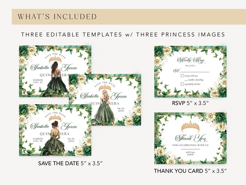Emerald Green Gold Floral Butterfly Princess Quinceanera Save the Date Invitation Canva Template, Quince Invite RSVP Thank you Card QB0030 image 2