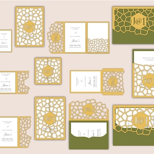 Custom Monogram Laser Cut Template Bee Birthday Party Invitation Suite-SVG Silhouette Cricut - Geometrico Elegante Nido d'ape -021