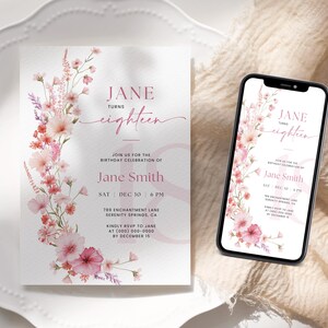 May include: A pink floral birthday invitation with the text "Jane turns eighteen" and details for a birthday party. The invitation is on a white background and has a pink floral border.