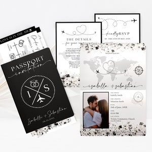 Plantilla Canva de invitación de pasaporte en blanco y negro con tarjeta de embarque y guardar la fecha, paquete de invitación de boda de destino y tema de viaje WP0030