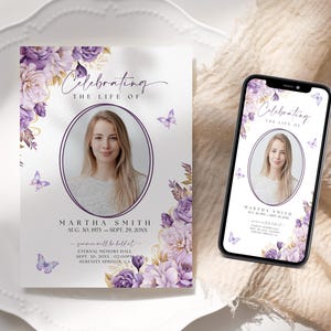 Plantilla de Canva para invitación de funeral con diseño de mariposas y flores moradas para mujer. Invitación sencilla para celebrar la vida en memoria de un servicio conmemorativo (FS0001) imagen 3
