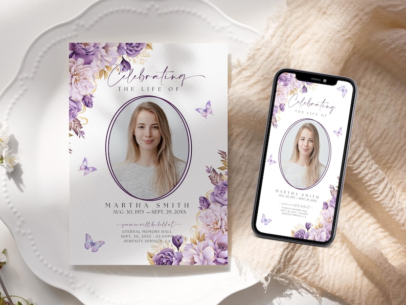 Plantilla de Canva para invitación de funeral con diseño de mariposas y flores moradas para mujer. Invitación sencilla para celebrar la vida en memoria de un servicio conmemorativo (FS0001) imagen 3