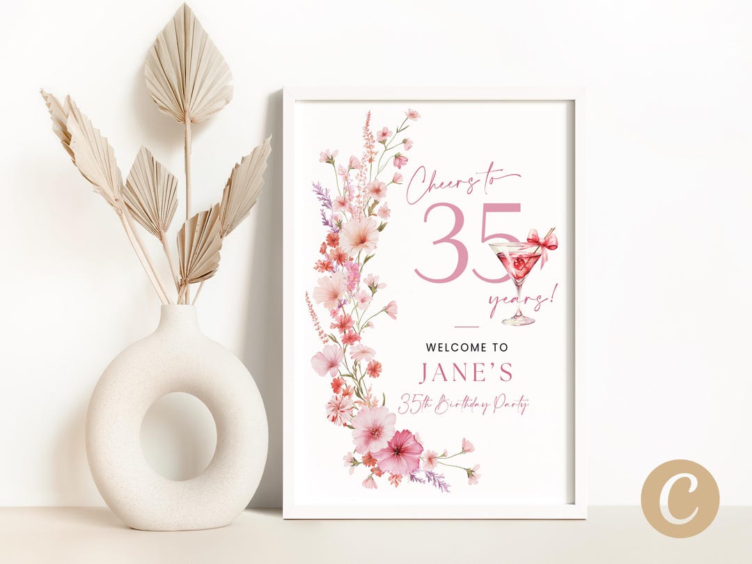 Soft Pink 35th Birthday Welcome Sign for Girls, Wildflower 35 Year Old ...