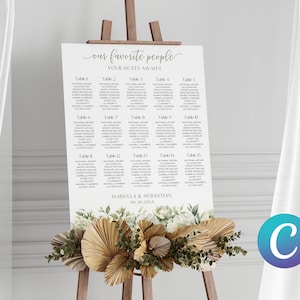 Modello di tabella dei posti a sedere floreale verde salvia per Canva, tabella dei posti stampabile per matrimonio, tabella dei posti elegante, tabella dei posti modificabile