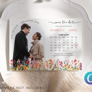 Mariage minimaliste moderne modifiable de fleurs sauvages de prairie tropicale réservez la date Invitation calendrier carte modèle de toile Invitation numérique simple