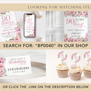 Peut inclure: Un ensemble de d&eacute;corations de f&ecirc;te d'anniversaire imprimables pour un 90e anniversaire, avec des motifs floraux roses et verts. L'ensemble comprend une invitation d'anniversaire, une pancarte, des d&eacute;corations de cupcakes et une pancarte pour un cupcake &agrave; la fraise. Le texte sur l'invitation est "90e anniversaire C&eacute;l&eacute;bration en l'honneur d'Adelaide Smith". La pancarte est "90 ans aim&eacute;s Joyeux anniversaire Adelaide ! 30 juin 2023". Les d&eacute;corations de cupcakes sont rondes et pr&eacute;sentent une couronne florale avec le chiffre 90 au centre. La pancarte du cupcake &agrave; la fraise est "Le cupcake &agrave; la fraise du 90e anniversaire d'Adelaide".