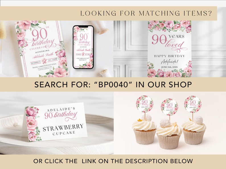 Peut inclure: Un ensemble de d&eacute;corations de f&ecirc;te d'anniversaire imprimables pour un 90e anniversaire, avec des motifs floraux roses et verts. L'ensemble comprend une invitation d'anniversaire, une pancarte, des d&eacute;corations de cupcakes et une pancarte pour un cupcake &agrave; la fraise. Le texte sur l'invitation est "90e anniversaire C&eacute;l&eacute;bration en l'honneur d'Adelaide Smith". La pancarte est "90 ans aim&eacute;s Joyeux anniversaire Adelaide ! 30 juin 2023". Les d&eacute;corations de cupcakes sont rondes et pr&eacute;sentent une couronne florale avec le chiffre 90 au centre. La pancarte du cupcake &agrave; la fraise est "Le cupcake &agrave; la fraise du 90e anniversaire d'Adelaide".