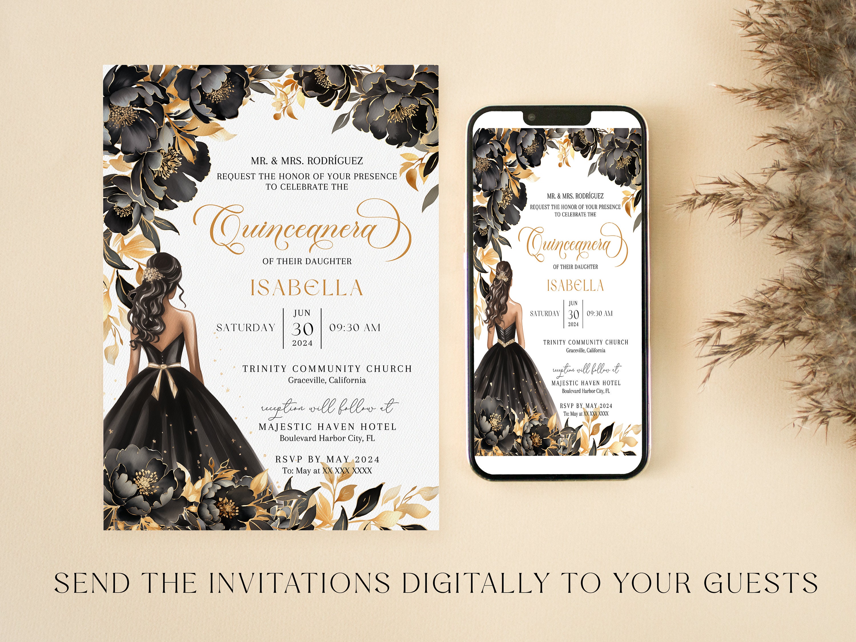 5X7 Black Princess Invitation Template for Quinceanera