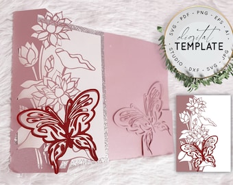 5X7 Lotus Butterfly Invitation Pocketfold Trifold Template for Wedding, Quinceanera, Birthday, Sweet 16 Svg, AI Eps, Dxf, Silhouette, Cricut
