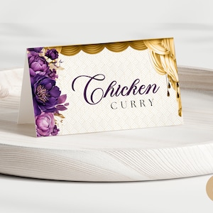 Mehndi Lila Flieder Bearbeitbar Lebensmittel Etikett Canva Vorlage für Indische Hochzeit, Elegantes Haldi Menü Name Party Dekoration mit Regenschirm Design Ip0005