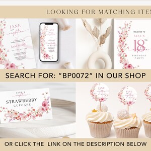May include: A set of printable 18th birthday party decorations featuring a watercolor floral design in shades of pink and white. The set includes invitations, cupcake toppers, and a welcome sign. The text on the invitations reads "Jane's Eighteen". The cupcake toppers feature a floral wreath with the text "Jane's Eighteen". The welcome sign reads "Welcome to Jane's 18th Birthday Party".