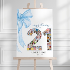 Blue Bow 21st Birthday Photo Collage Birthday Poster for Girls Boys, 21 Years Old Photo Party Sign, Gift For Her Family, Digital BP0095
