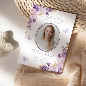 Puede incluir: Una tarjeta de memoria blanca con un dise&ntilde;o floral morado y una foto de una mujer. El texto dice "Celebrating the Life of Martha Smith Aug. 30, 1975 - Sept. 29, 20XX You will be missed Eternal Memory Hall Sept. 30, 20XX 02:00PM Serenity Springs, CA"