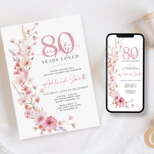 Blush Pink 80 jaar geliefde verjaardagsuitnodiging voor vrouw, Wildflower 80 jaar oude RSVP mobiele digitale download, bewerkbare canva-sjabloon BP0079