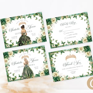 Emerald Green Gold Floral Butterfly Princess Quinceanera Save the Date Invitation Canva Template, Quince Invite RSVP Thank you Card QB0030 image 1