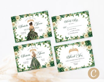 Emerald Green Gold Floral Butterfly Princess Quinceanera Save the Date Invitation Canva Template, Quince Invite RSVP Thank you Card QB0030