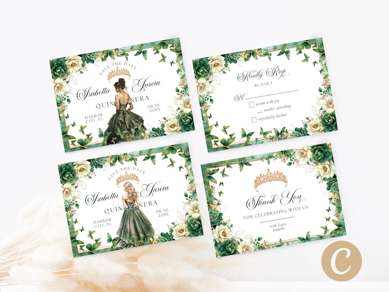 Emerald Green Gold Floral Butterfly Princess Quinceanera Save the Date Invitation Canva Template, Quince Invite RSVP Thank you Card QB0030 image 1