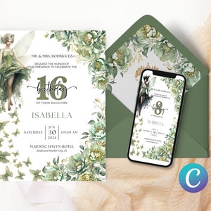 Faire-part thème floral vert sauge, modèle d'anniversaire fée papillon, fille magique forêt invitation, élégant fantaisiste enchanteur imprimable