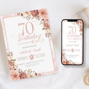 70e Rose Gold Floral Birthday Party uitnodiging Canva sjabloon voor moeder oma, elegante 70 jaar geliefde platina mobiele uitnodiging BP0050