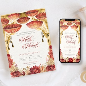 Mehndi uitnodiging rood goud bloemen bewerkbare Canva sjabloon voor Indiase bruiloft, Haldi uitnodigen met paraplu Mehndi Decor en Haldi Decor IP0002
