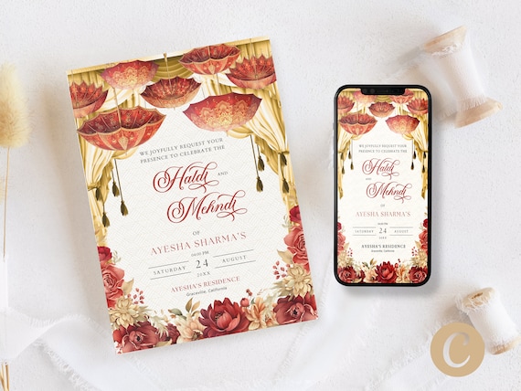Mehndi Invitation Red Gold Floral Editable Canva Template for Indian Wedding, Haldi Invite with Umbrella Mehndi Decor and Haldi Decor IP0002