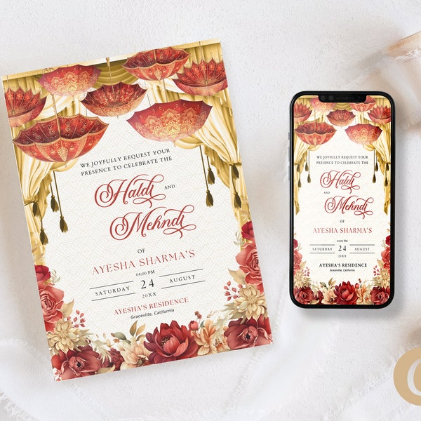 Mehndi Invitation Red Gold Floral Editable Canva Template for Indian Wedding, Haldi Invite with Umbrella Mehndi Decor and Haldi Decor IP0002