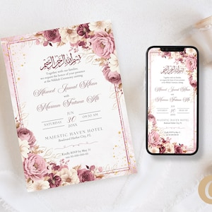 Modèle sur toile élégant vieux rose bordeaux floral invitation Nikkah avec invitation numérique Nikkah pour l'islam musulman mariage Nikkah Party MP0002