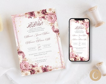 May include: A floral wedding invitation with gold accents and a pink and white floral design. The invitation is for Ahmed Jameat Khan and Mariam Fatima Ali, and it is set for Saturday, June 30th, 20XX at 9:30 AM at the Majestic Haven Hotel in Boudmund Harbor City, FL. The invitation also includes the text "Bismillah-ir-Rahman-ir-Rahim" in Arabic.