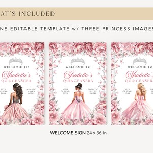 May include: A printable welcome sign for a Quincea&ntilde;era celebration. The sign features a pink floral design with butterflies and three different illustrations of a young woman in a pink dress. The text on the sign reads "Welcome to Isabella's Quincea&ntilde;era" and includes the date and location of the event. The sign is 24 inches by 36 inches.