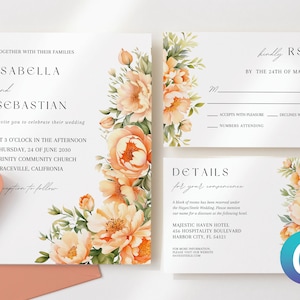 Könnte beinhalten: Hochzeitseinladung mit Pfirsich- und grünem Blumendesign. Die Einladung enthält die Namen Isabella und Sebastian, das Datum und die Uhrzeit der Hochzeit sowie den Ort der Zeremonie. Die Einladung enthält auch Details für den Empfang, einschließlich des Hotels und der Adresse.